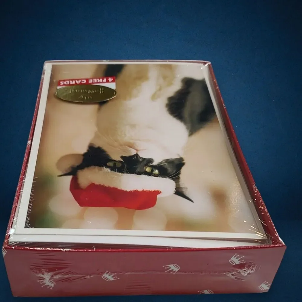 Sealed Vintage Hallmark Black White Cat Santa Claws Merry Christmas Hat 22 Cards